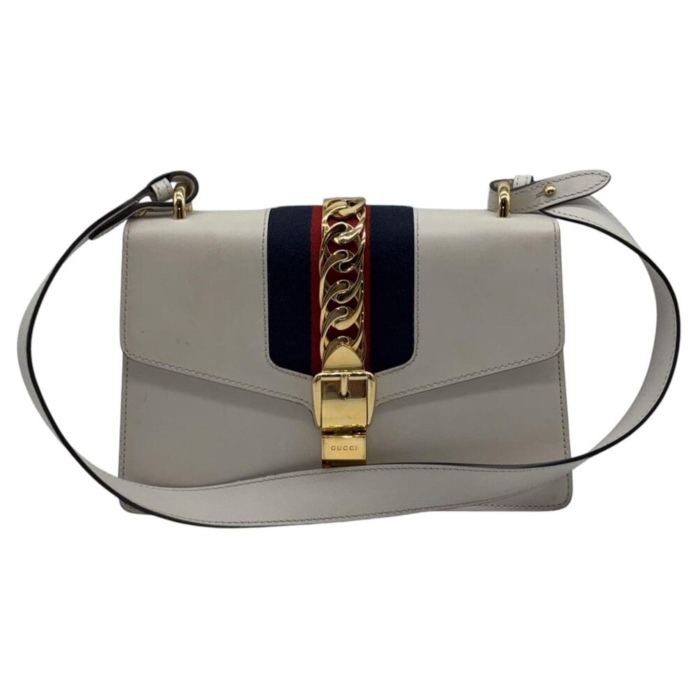 Gucci Sylvie Small Calf Skin Shoulder Bag In Off White